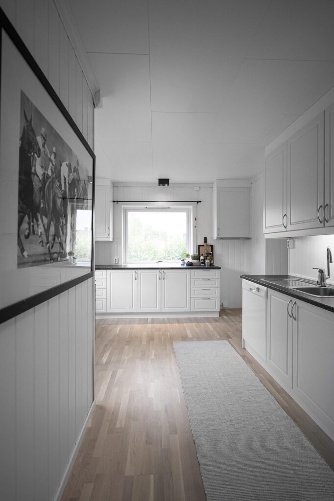 hallway, kitchen, real estate, interior, house, luxury, floor, wooden, decor, cabinet, view, window, art, design, lamp, carpet